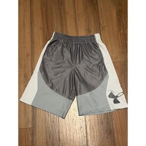 Under Armour Mens Grey White Mesh Basketball Shorts Loose Fit Medium HeatGear